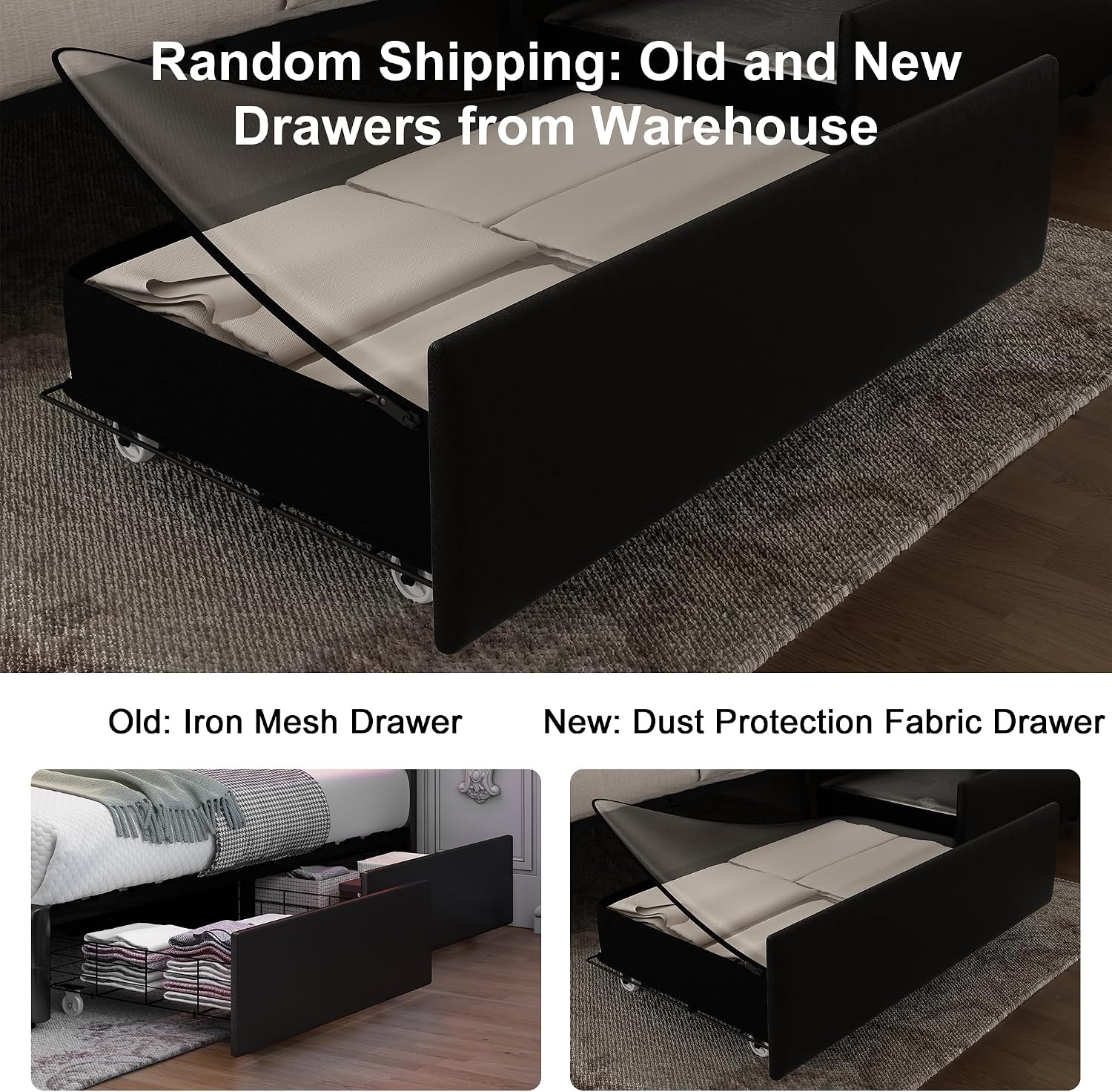 GEGOFORU Queen Bed Frame with LED Lights & Galaxy Projector, Modern Wingback Platform with 4 Storage Drawers, USB Ports, Noise-Free Solid Wood Slats, No Box Spring Needed, PU Black