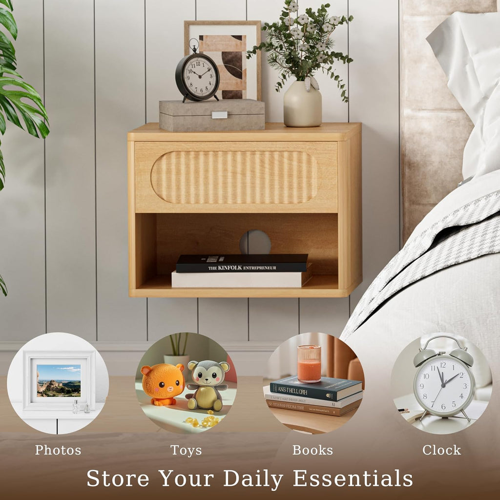VDNEND Floating Nightstands with Drawer Set of 2, Modern Wall Mounted Bedside Tables for Bedroom, Space Saving Storage Cabinets, Easy Install Hanging Shelf Night Stands for Small Spaces (Natural)