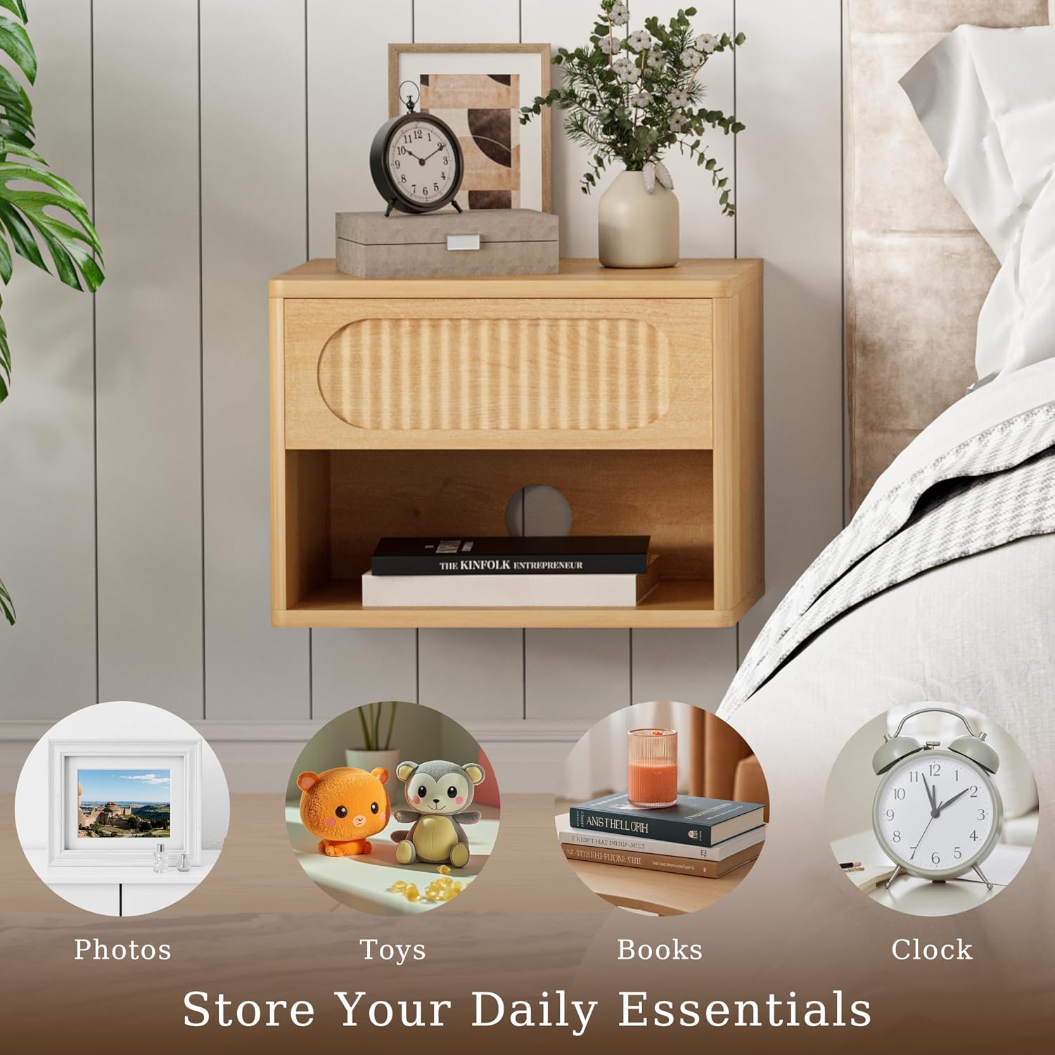 VDNEND Floating Nightstands with Drawer Set of 2, Modern Wall Mounted Bedside Tables for Bedroom, Space Saving Storage Cabinets, Easy Install Hanging Shelf Night Stands for Small Spaces (Natural)