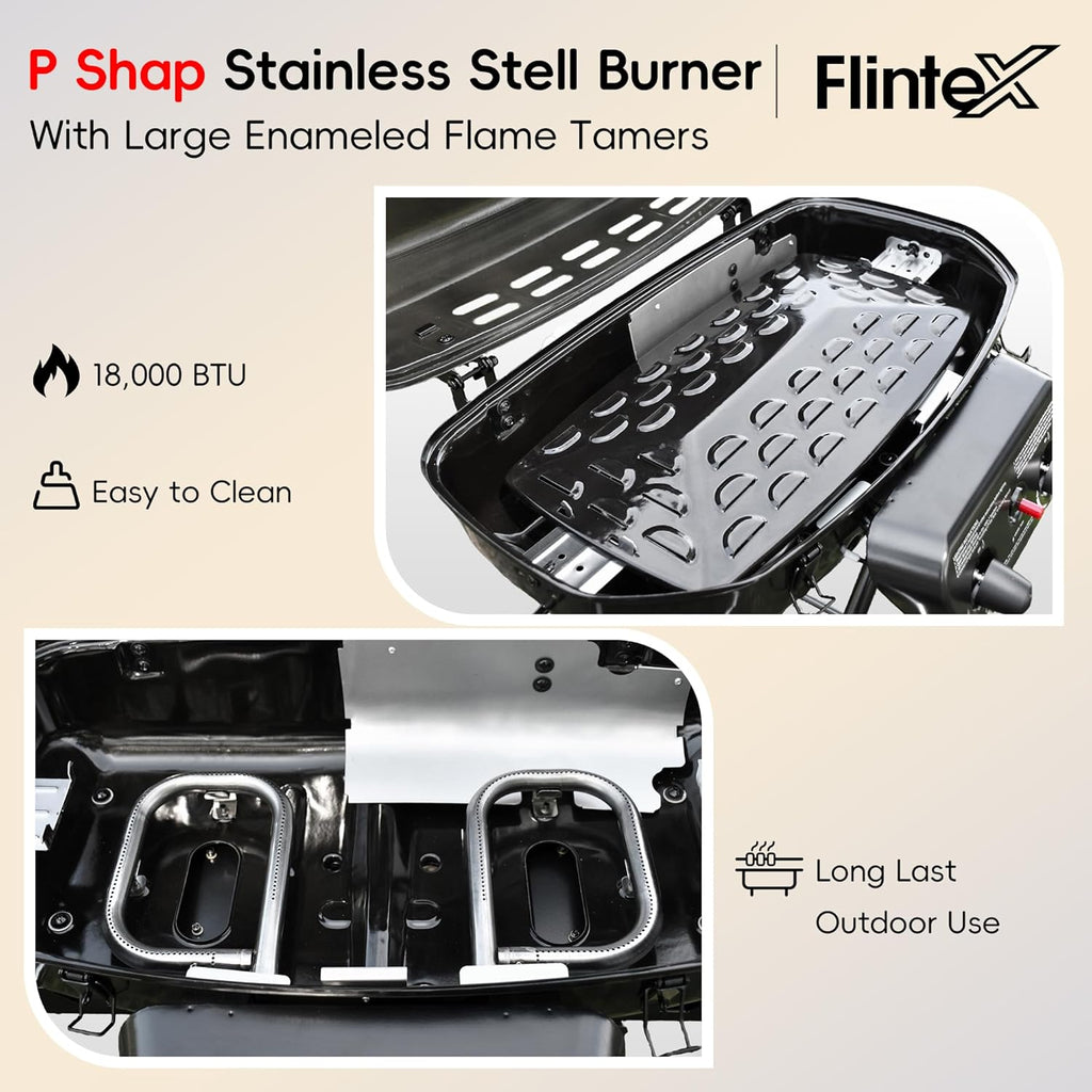 Flintex 2-Burner Portable Propane Gas Grill, Foldable 2-in-1 Camping Propane Grill with Porcelain-Enameled Griddle & Grill Grate for Outdoor Camping Picnics Backyard Cooking, Black
