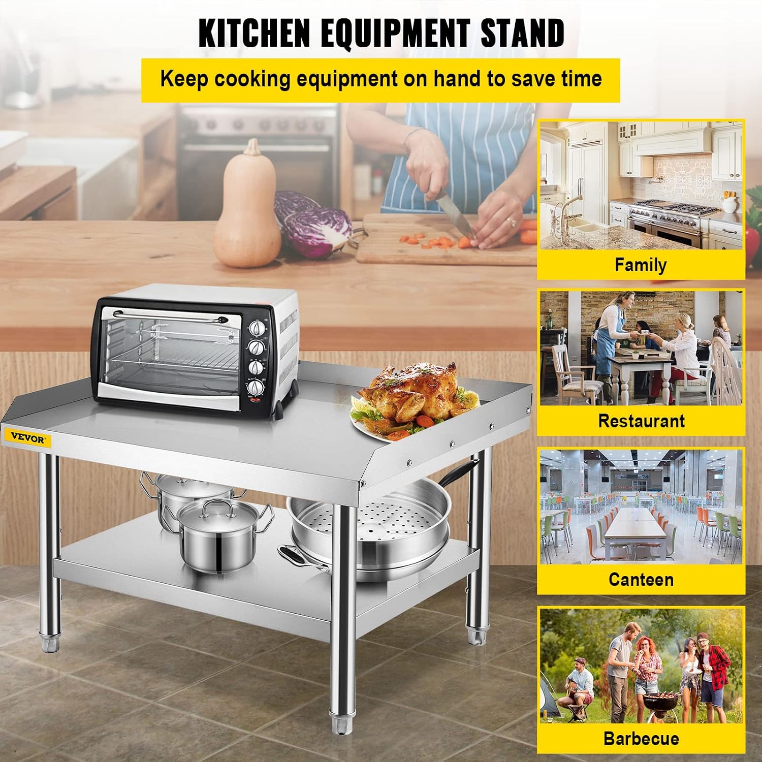 VEVOR Stainless Steel Equipment Grill Stand, 36 x 30 x 24 Inches Stainless Table, Grill Stand Table with Adjustable Storage Undershelf, Equipment Stand Grill Table for Hotel, Home, Restaurant Kitchen