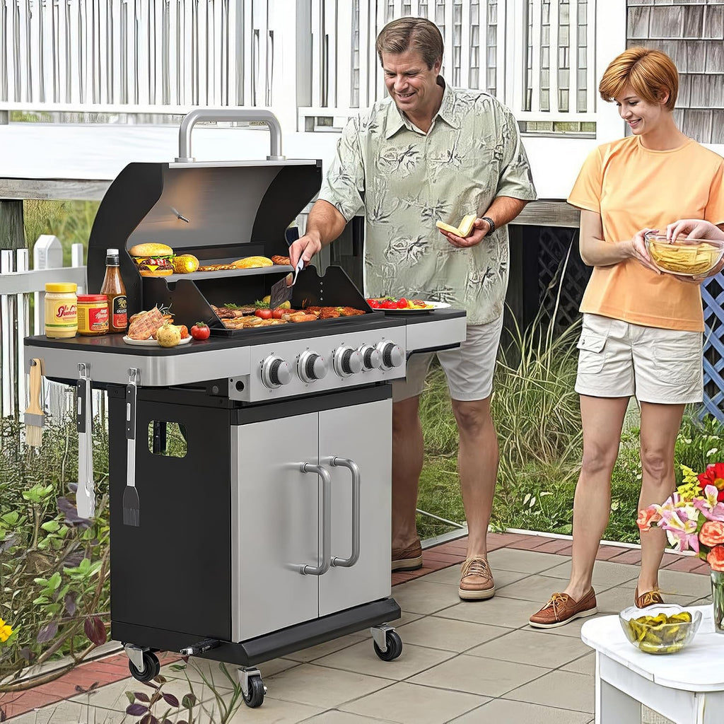 VICLLAX 4-Burner Propane Gas Grill with Porcelain-Enameled Grates, 545 sq. in XL Cooking Space, Easy-Clean Drip Tray & Storage Cabinet, Heavy-Duty Outdoor BBQ Grill for Backyard Parties