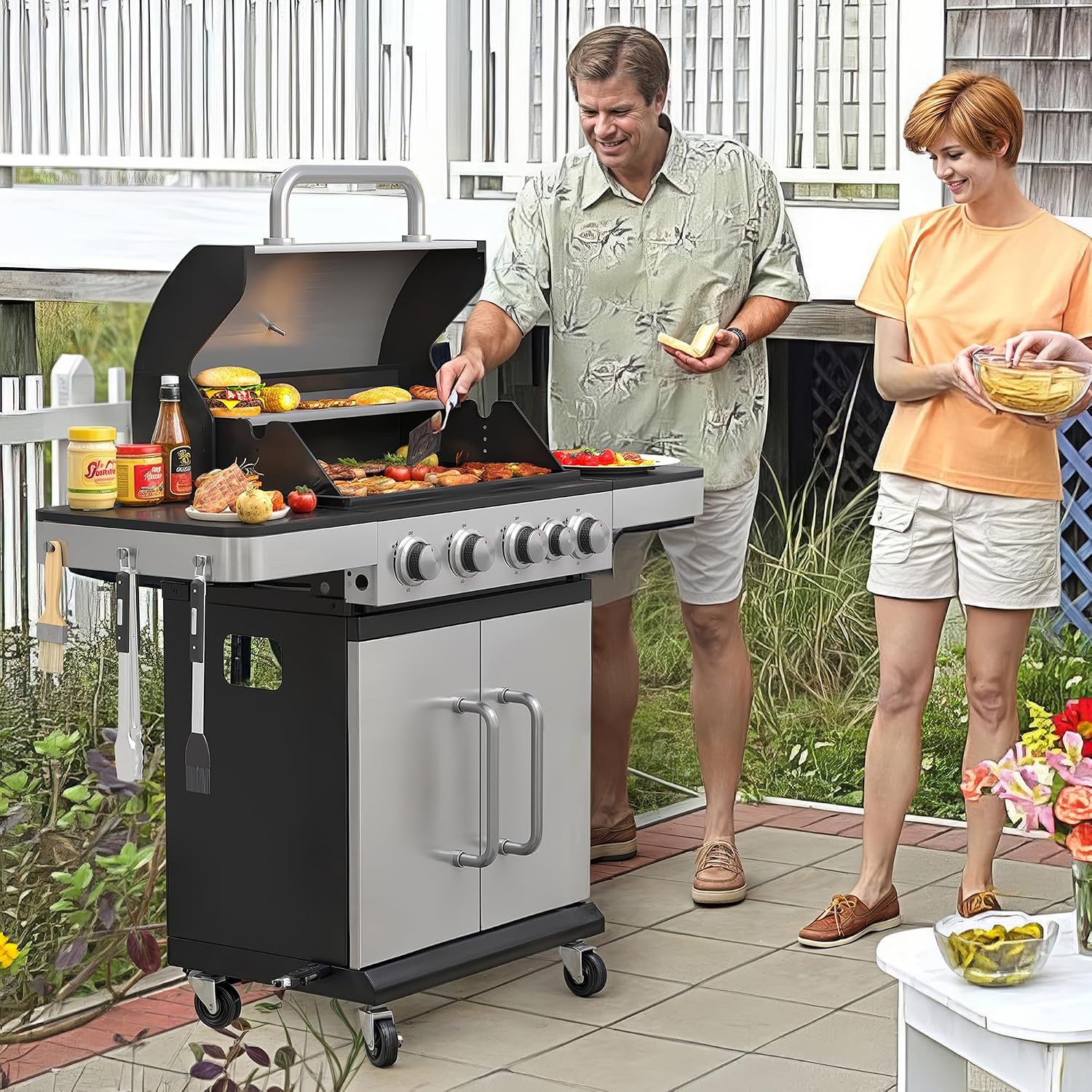 VICLLAX 4-Burner Propane Gas Grill with Porcelain-Enameled Grates, 545 sq. in XL Cooking Space, Easy-Clean Drip Tray & Storage Cabinet, Heavy-Duty Outdoor BBQ Grill for Backyard Parties