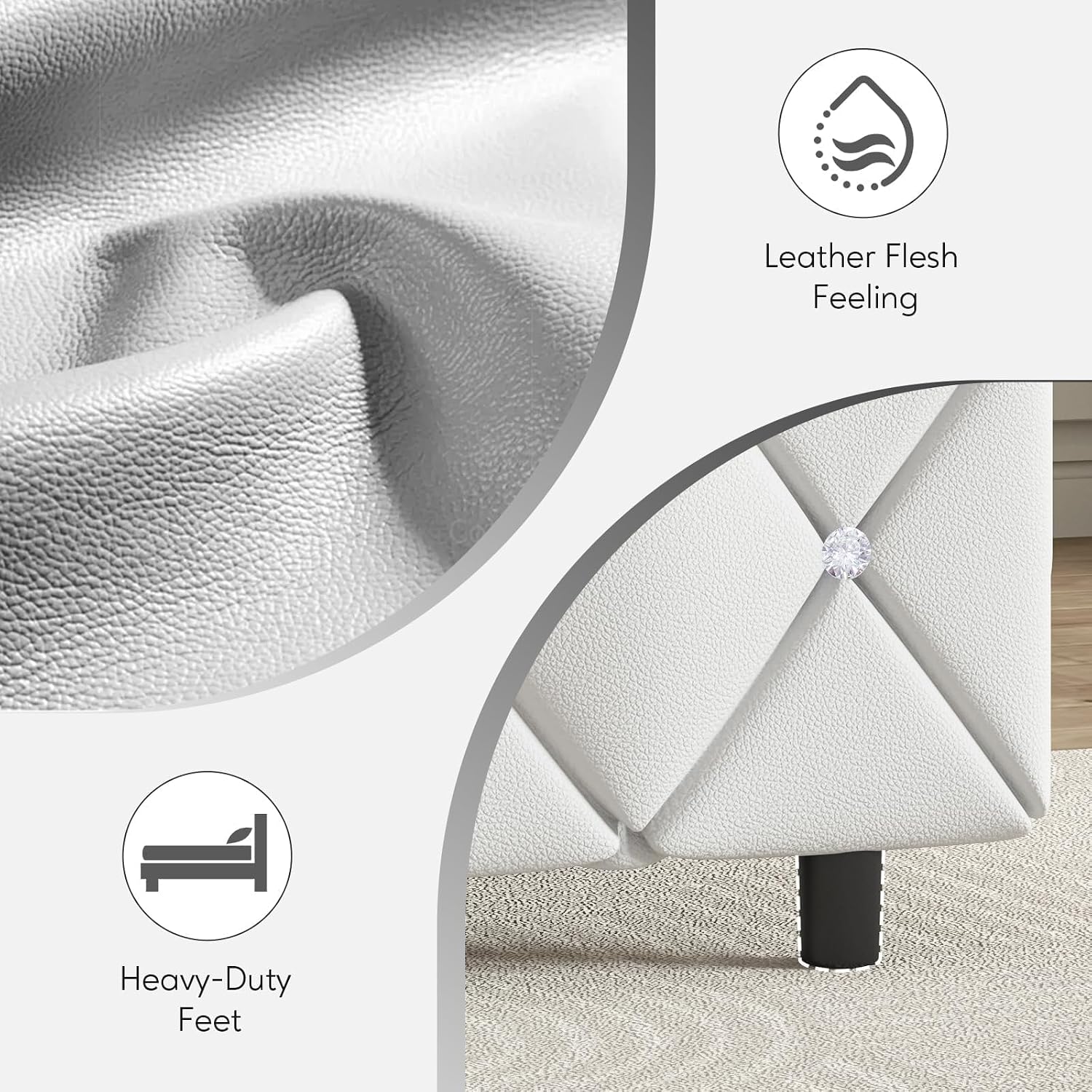 HOMBCK Full Platform Bed Frame with Upholstered Diamond Headboard, Mattress Foundation with Strong Wooden Slats Support, No Box Spring Needed, Easy Assembly, Pearlized White