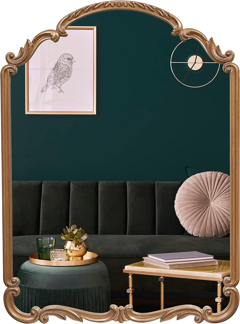 Wylde Iris English Estate Carved Arch Wood Wall Mirror, Mirror for Entryway, Living Room, Bathroom, Antique Gold, 22x30