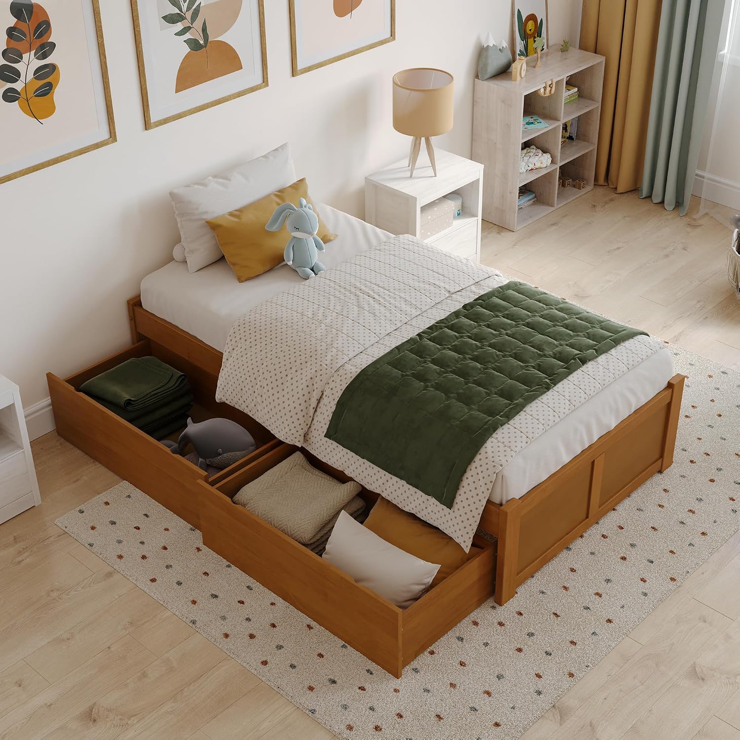 AFI Concord Twin Solid Wood Platform Bed with Footboard & Storage Drawers in Light Toffee