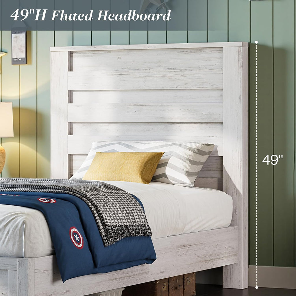 Albott Farmhouse Twin Platform Bed with 49' Fluted Headboard, Wood Bed Frame with Natural Grain Finish, No Box Spring Needed, Noise-Free, Distressed White