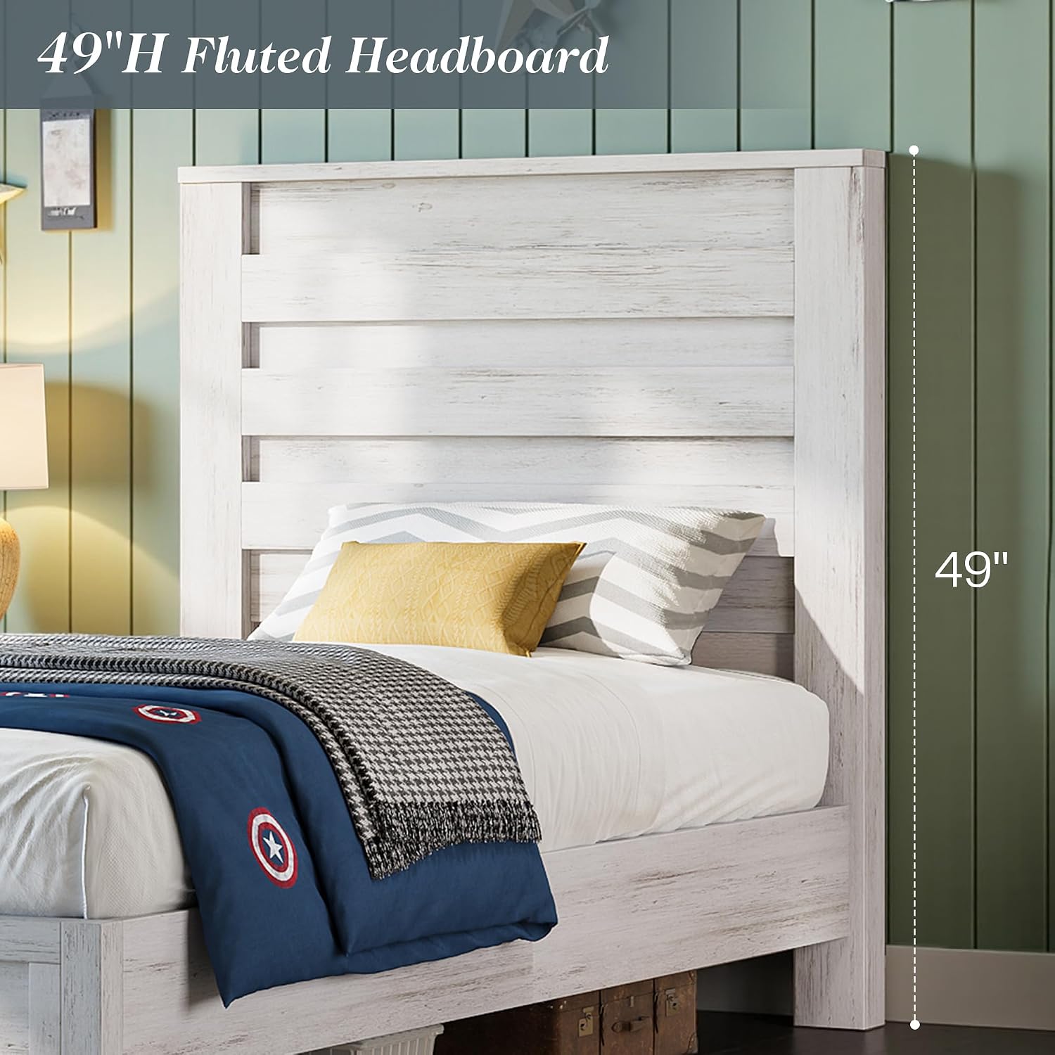 Albott Farmhouse Twin Platform Bed with 49' Fluted Headboard, Wood Bed Frame with Natural Grain Finish, No Box Spring Needed, Noise-Free, Distressed White