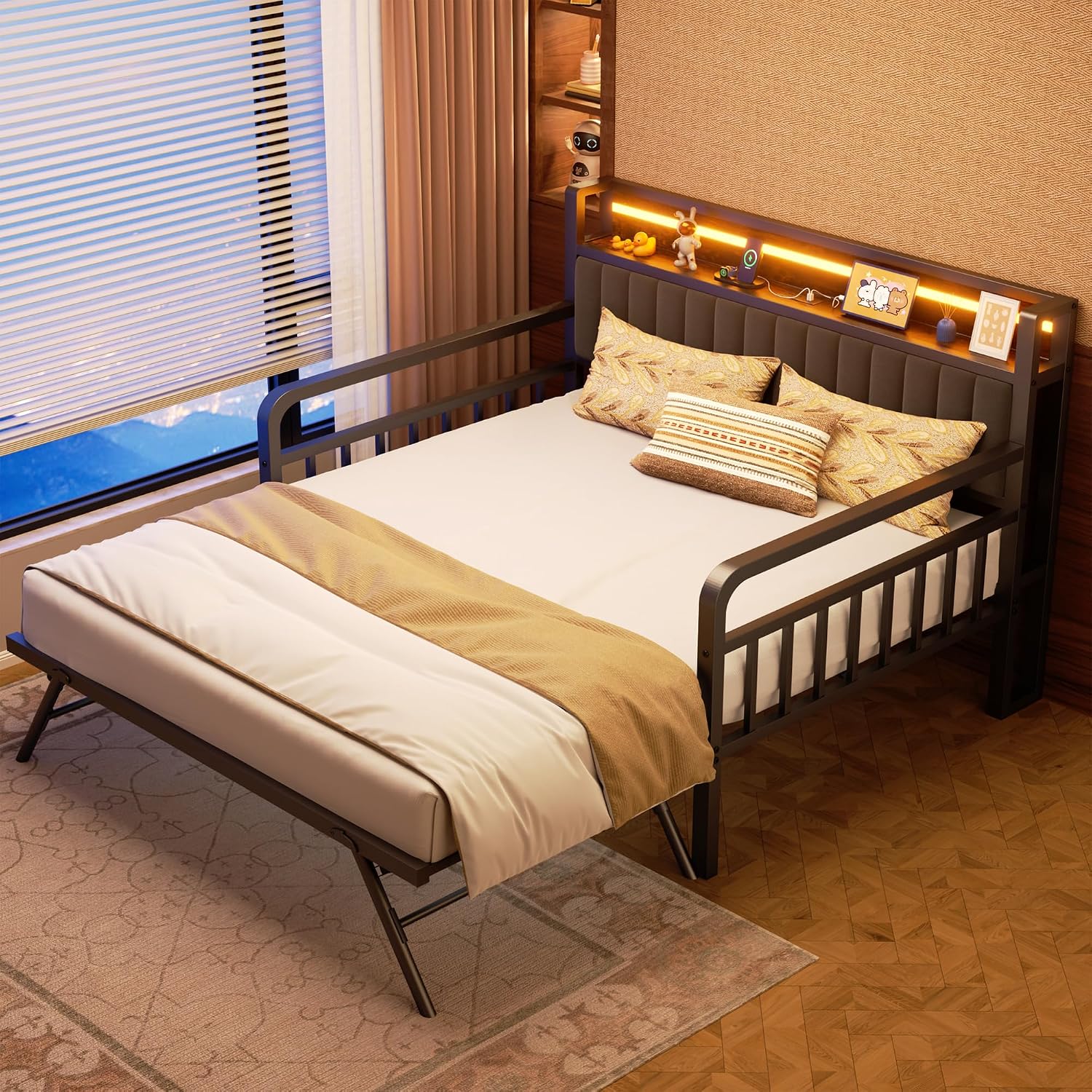 Daybed with Trundle and LED Light, Heavy Duty Metal Full Bed Frame with Upholstered Storage Headboard & Charging Station, Day Bed Pop Up Trundle Bed for Living Room,Bedroom and Guest Room, Brown