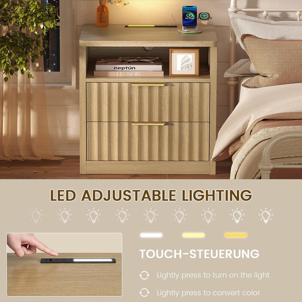 TEENFON Fluted Nightstands Set of 2, Night Stand with Charging Station and LED Light, Storage Drawer and Open Shelf, Modern Bedside Table for Small Space, for Bedroom, Natural