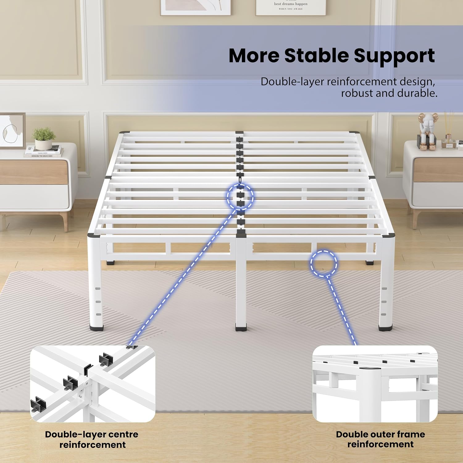 NKZ 22 Inch Full Size Bed Frame, Metal Bed Frame & Box Spring 2 in 1 Platform with Round Corner Legs, 4000Lbs Heavy Duty Metal Frame, Mattress Slide Stopper, Headboard Hole, Noise-Free, Easy Assembly