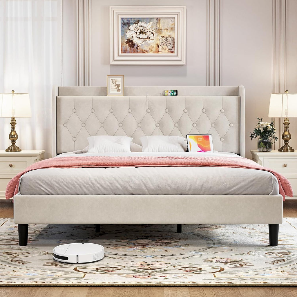 koorlian King Velvet Bed Frame, Adjustable Upholstered Platform Bed Frame with Type-C&USB Ports, Wingback Storage Headboard, Solid Wood Slats Support, No Box Spring Needed, Noise-Free, Beige