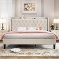 koorlian King Velvet Bed Frame, Adjustable Upholstered Platform Bed Frame with Type-C&USB Ports, Wingback Storage Headboard, Solid Wood Slats Support, No Box Spring Needed, Noise-Free, Beige