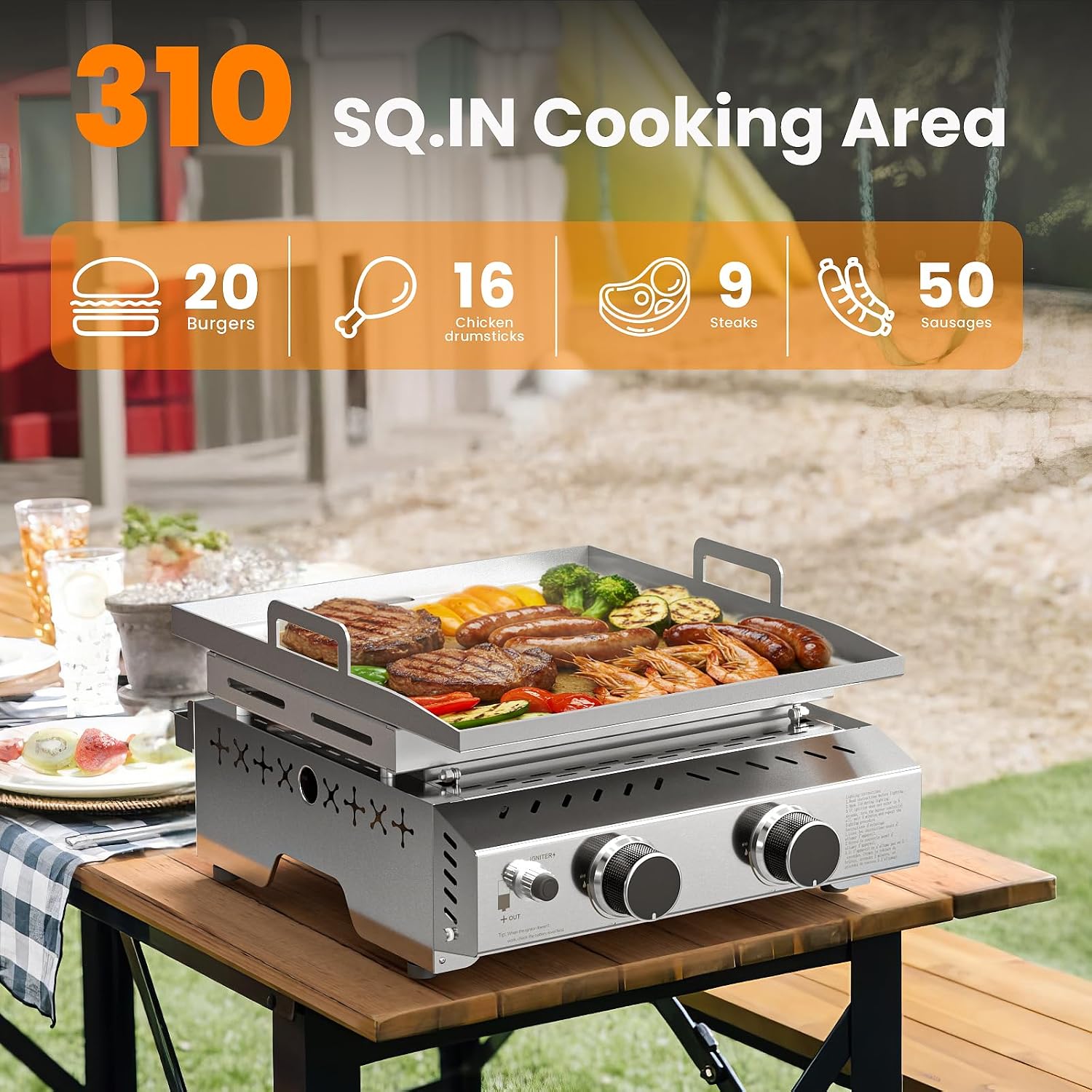 WAA Portable Propane Griddle, 16000BTU Tabletop Portable Propane Gas Grill with 2 Burners, Stainless Steel Flat Top Grill, Outdoor Cooking for Tailgating,Camping, RVs, BBQ, Patio, Silver