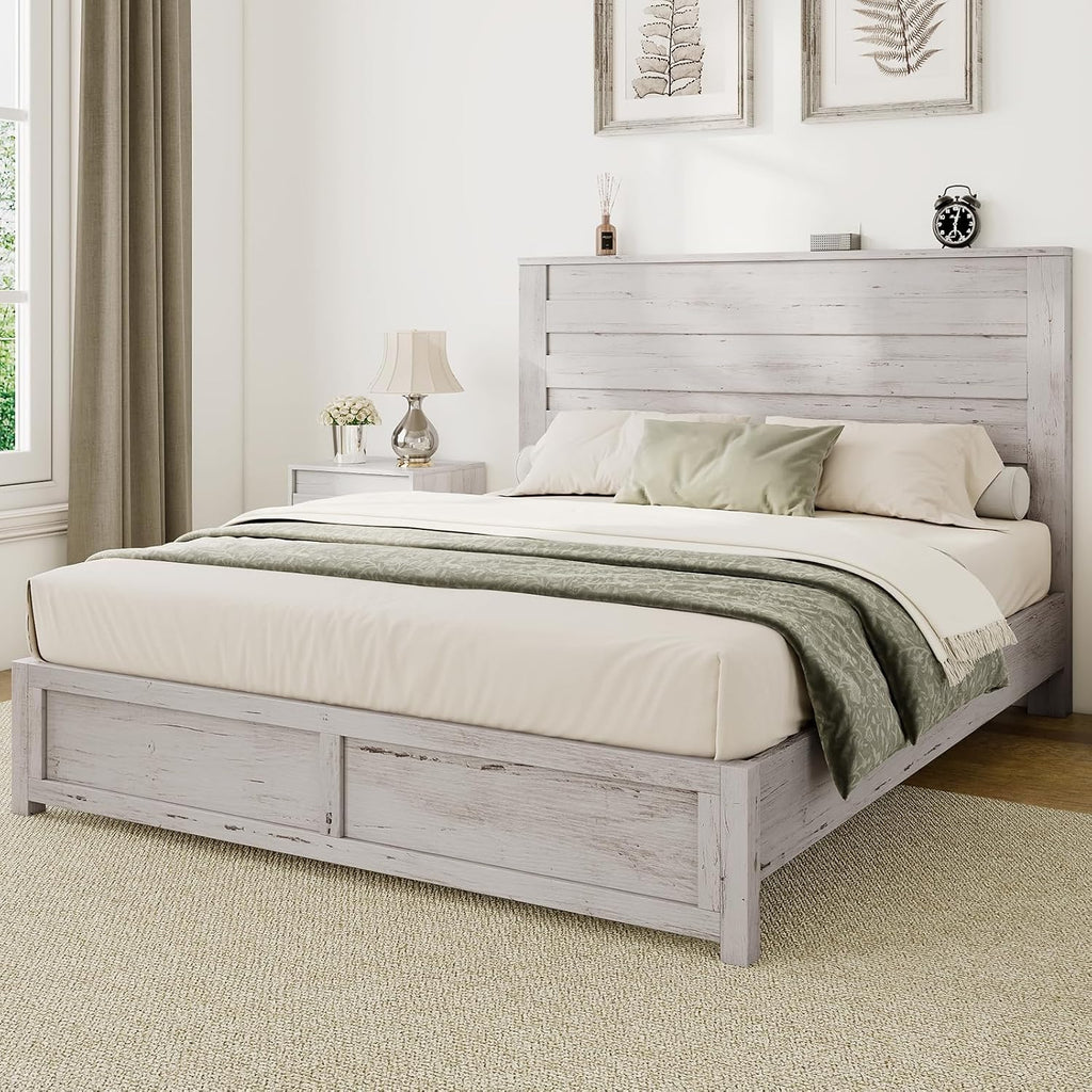 Albott Full Size Farmhouse Bed Frame with 49' Headboard, Platform Bed Frame with Wood Slats Support/No Box Spring Needed/Easy Assembly, Distressed White
