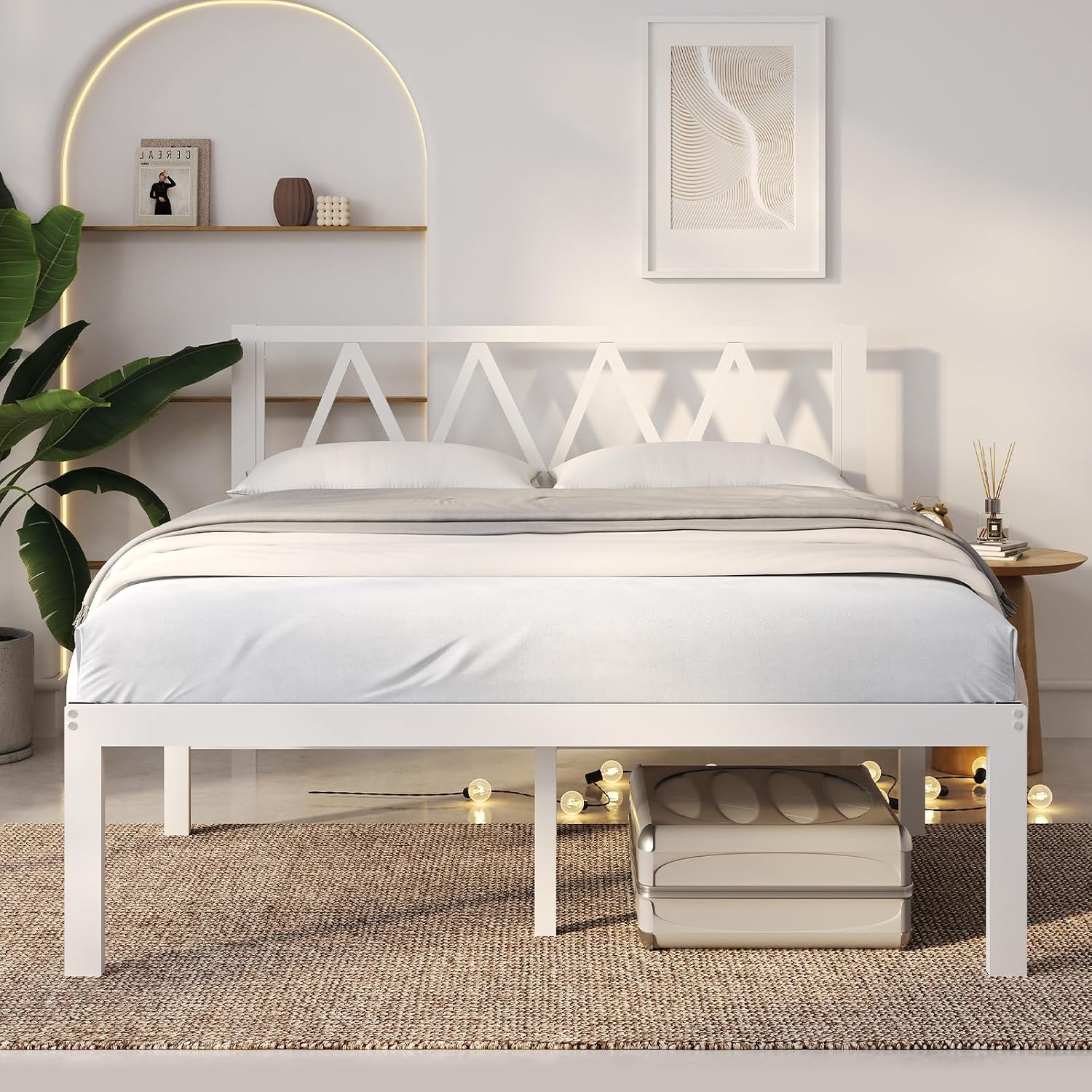 Novilla 18 Inch King Size Bed Frame with Headboard, White Metal Platform Bed Frame, King Bed Frame No Box Spring Needed, Easy Assembly