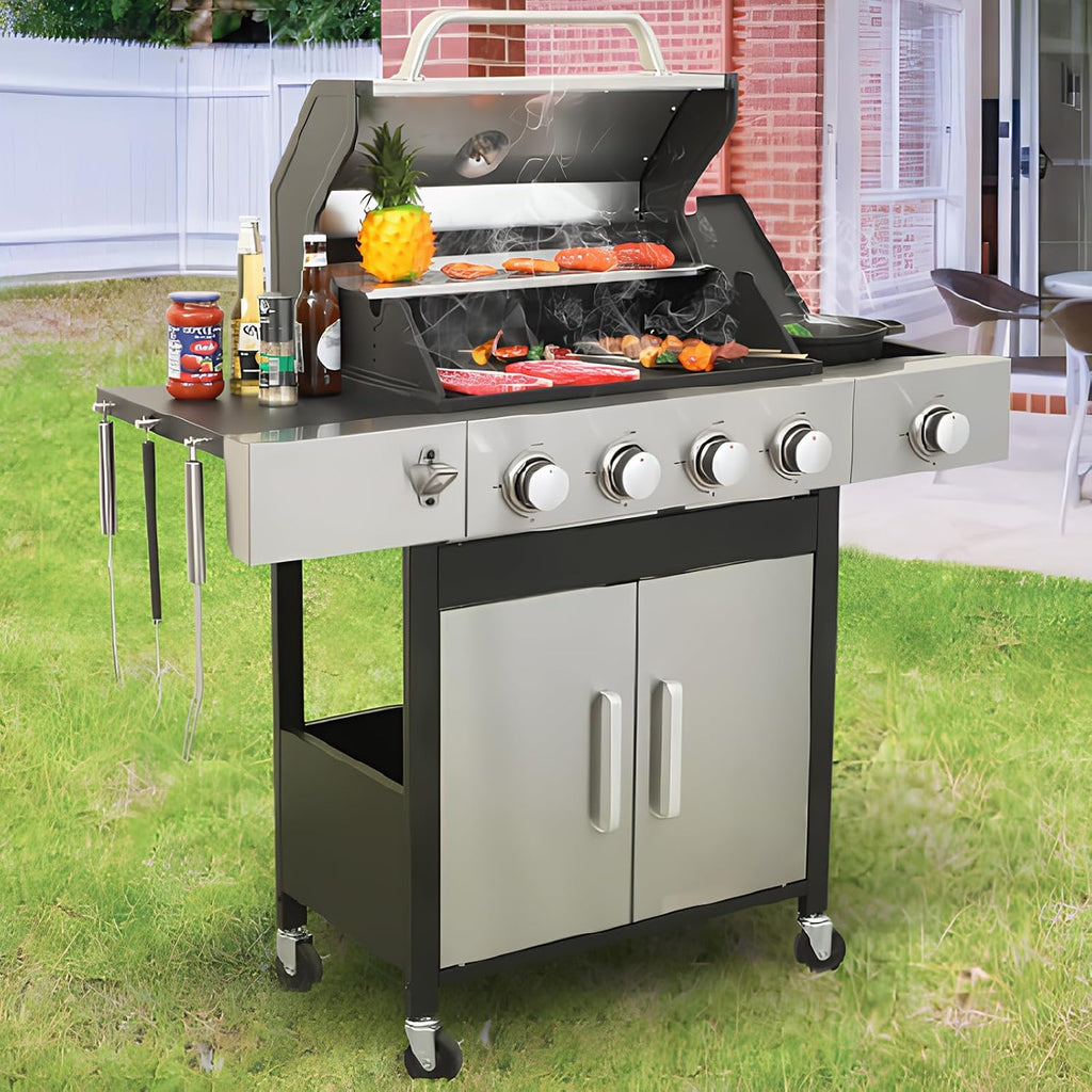 3-Burner Propane Gas BBQ Grill, Stainless Steel Propane Grill 36,900 BTU Outdoor Cabinet Style with Wheels, Wire Rack and Two Foldable Side Table for Outdoor Barbecue Cooking (5-Burner Grill,Silver)