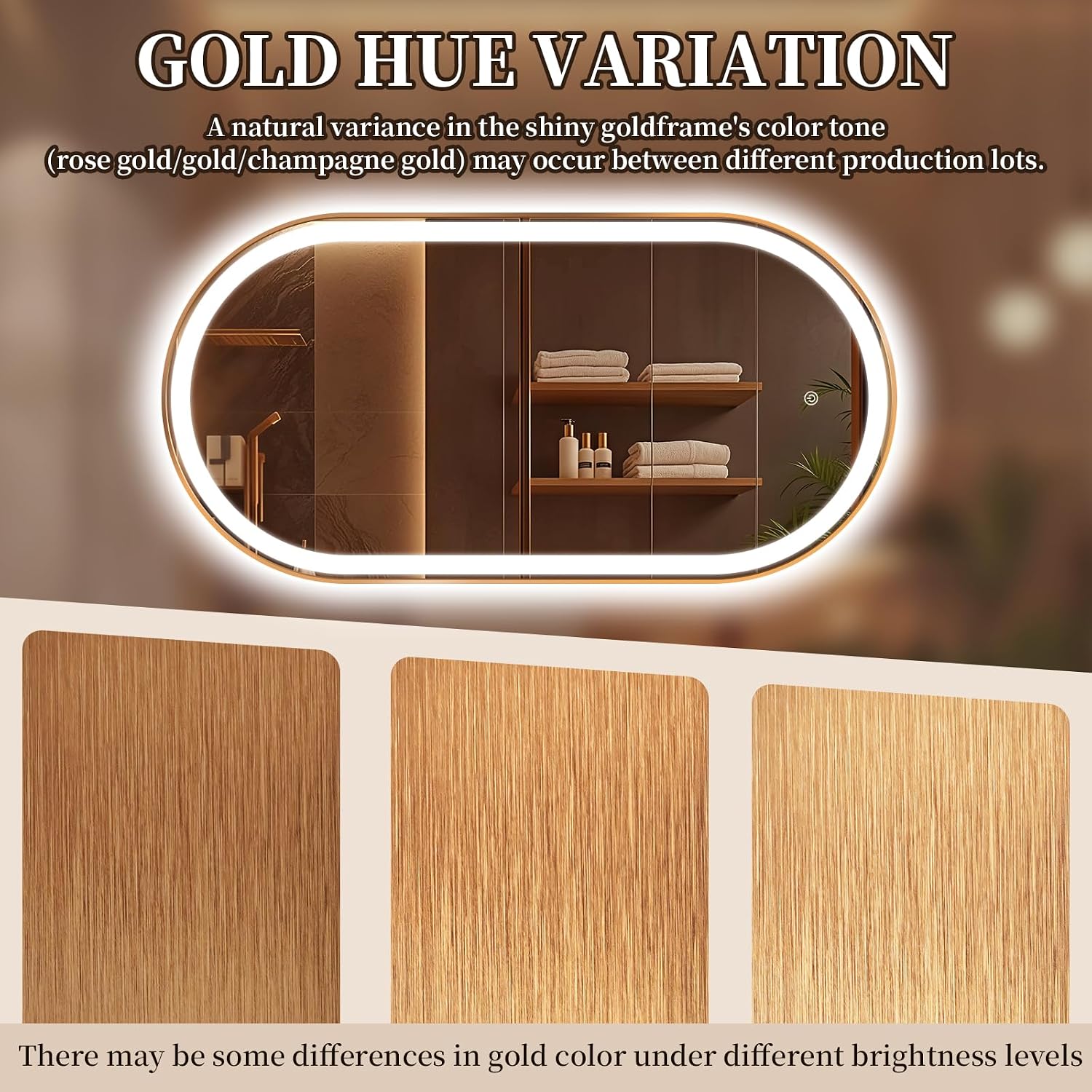 40'x24' Oval LED Bathroom Mirror with Lights, Gold Anti Fog Lighted Vanity Mirror Wall Mounted, LED Oval Mirror with 3 Colors, Memory, ShatterProof, Front/Backlit, Horizontal/Vertical