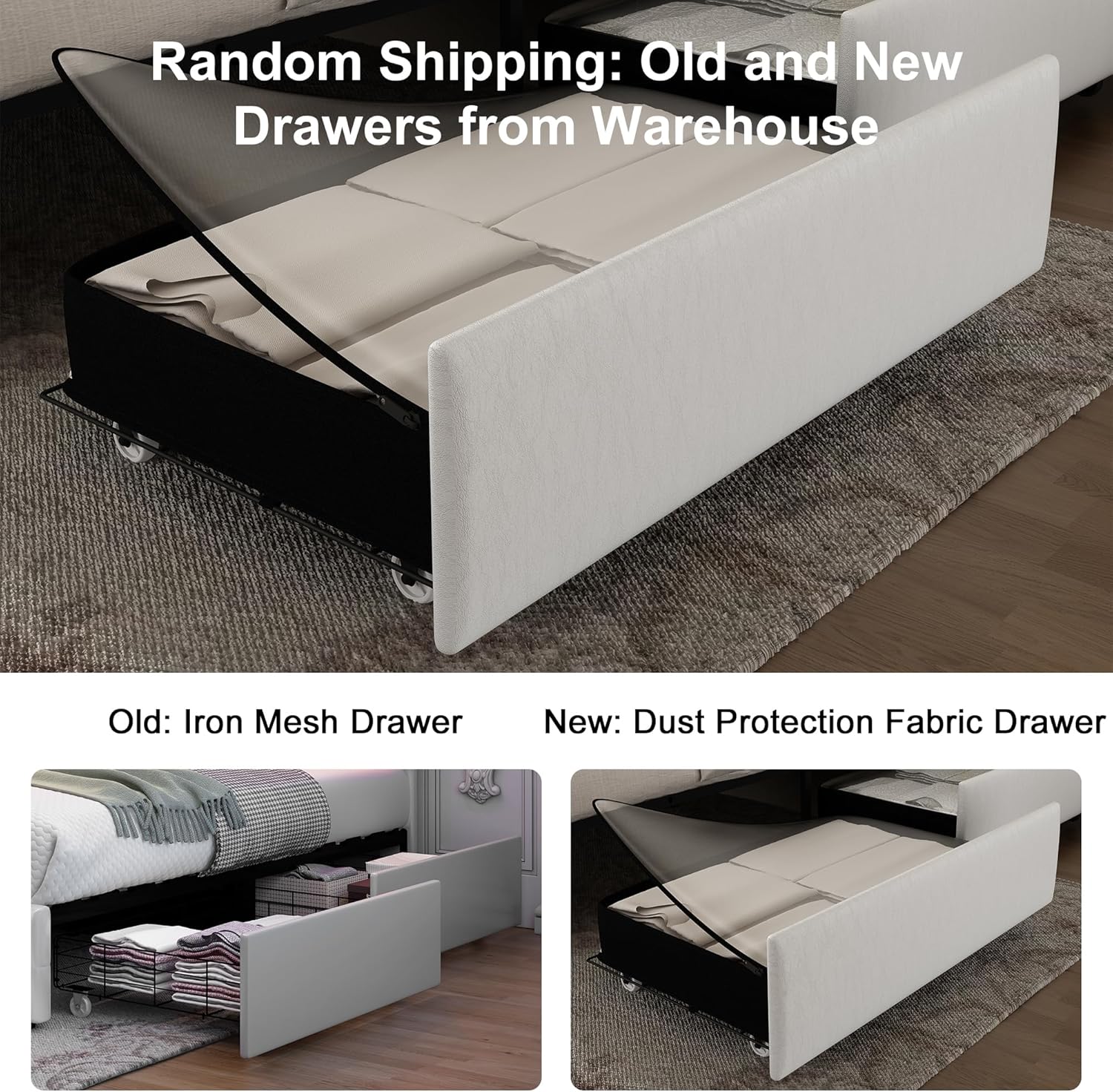 GEGOFORU Full Bed Frame with LED Lights & Galaxy Projector, Modern Wingback Platform with 4 Storage Drawers, USB Ports, Noise-Free Solid Wood Slats, No Box Spring Needed, PU White