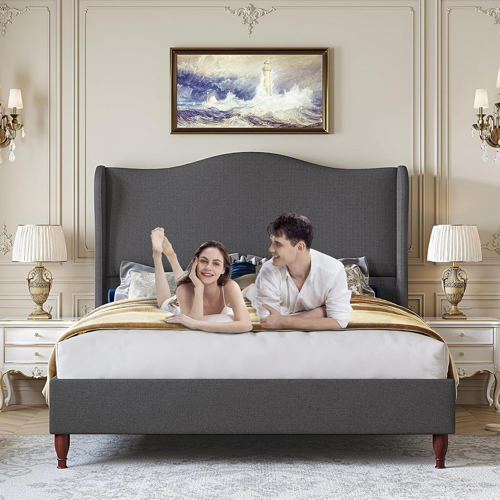 koorlian Full Size Bed Frame Upholstered Platform Bed with 51' Tall Headboard Wingback, Soft Fabric, Retro Simple Style Platform Bed No Box Spring Needed, Easy Assembly, Grey