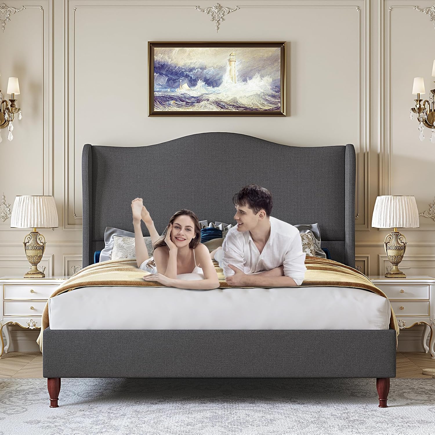 koorlian Full Size Bed Frame Upholstered Platform Bed with 51' Tall Headboard Wingback, Soft Fabric, Retro Simple Style Platform Bed No Box Spring Needed, Easy Assembly, Grey