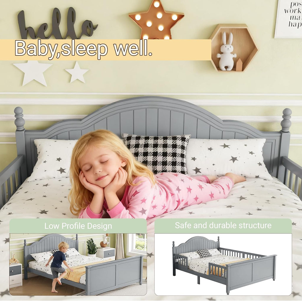 Full Size Kids Bed with Full-Length Guardrail,Low Profile Bed Frame with Headboard and Footboard,Wooden Platform Bed with 6.7-inch Under Bed Storage,Slats Support,Roman Column Design,Gray