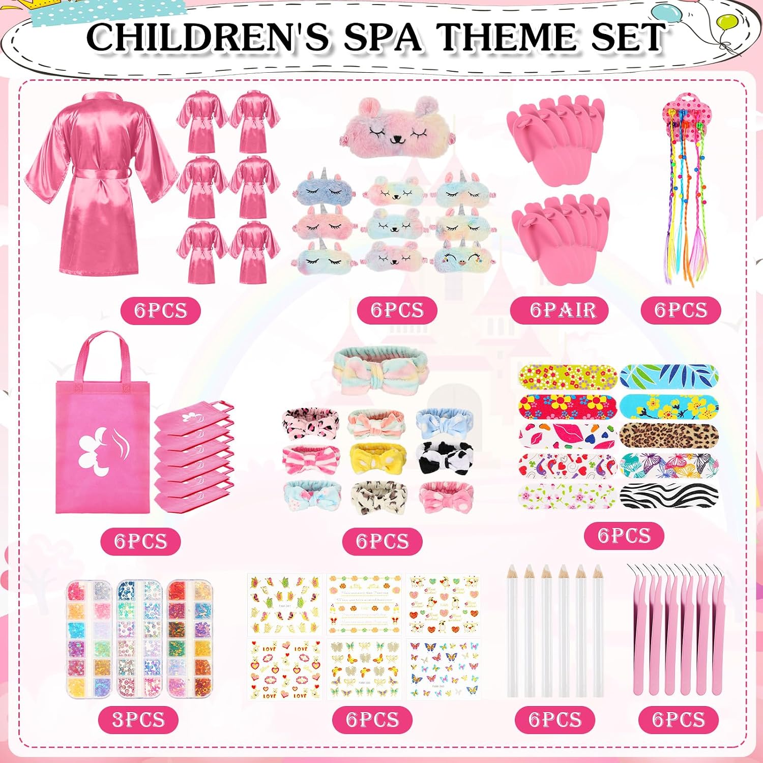 6 Set Sleepovers Teepee Tents Spa Slumber Party Robes Supplies Bulk with Inflatable Airbed and Light String, Birthday Favors Gift Indoor Outdoor (Complete,6 Pink)