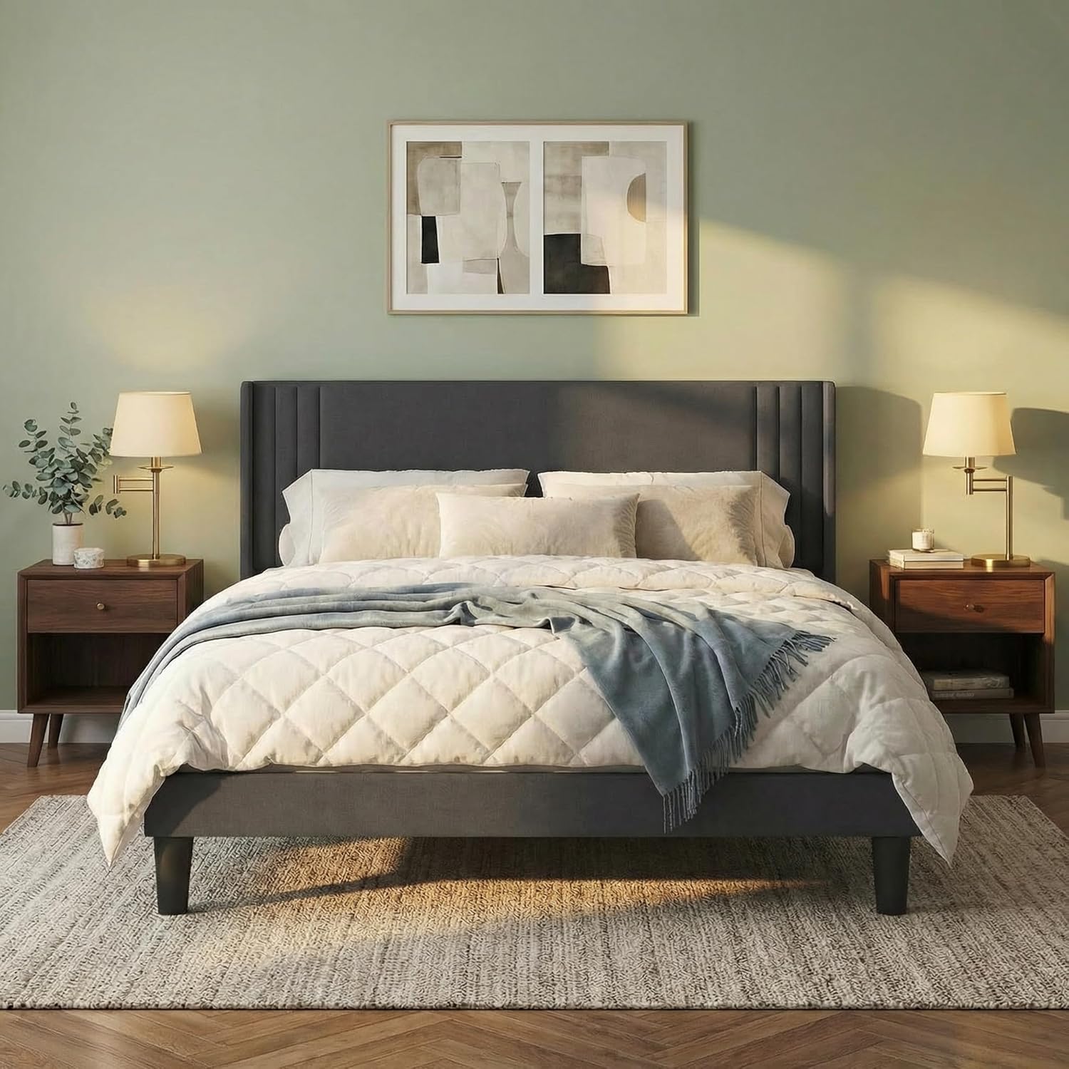 Gizoon Queen Bed Frame with Wingback Headboard, Upholstered Platform Bed with Modern Geometric Headboard, Wooden Slats, Noise-Free, No Box Spring Needed