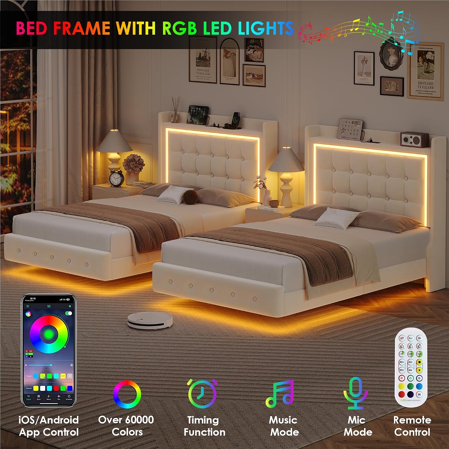 Keyluv Upholstered Twin Floating Bed Frame with RGB LED Lights and Charging Station, Velvet Platform Bed with Button Tufted Storage Headboard, Type-C & USB Charging Ports, No Box Spring Needed, Beige