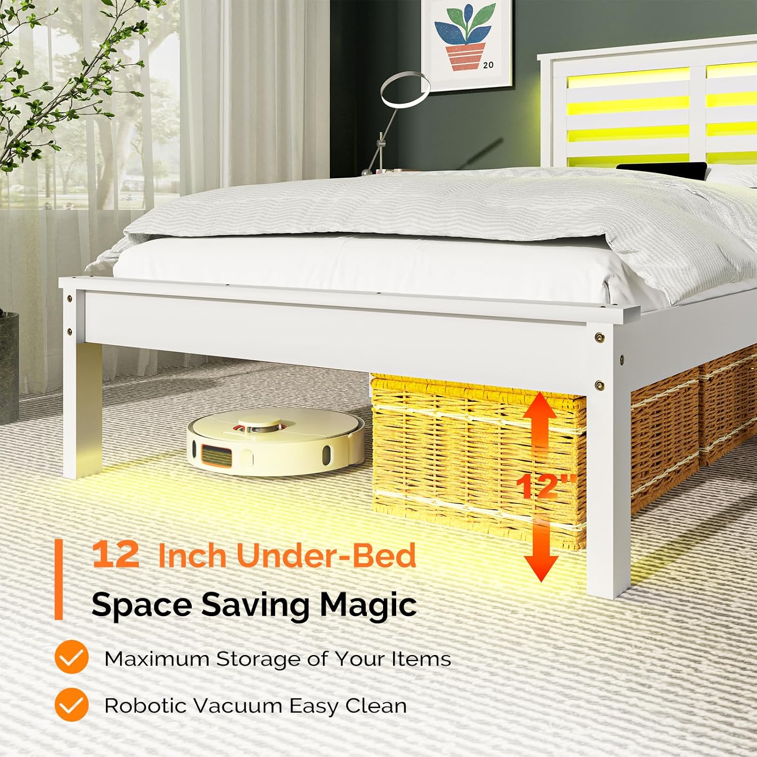 Bonnlo Solid Wood Twin Size Bed Frame with Storage Shelf Headboard, Charging Station and LED Lights, White Platform Panel Bed for Kids,Teens Adults, Mattress Foundation Replacement