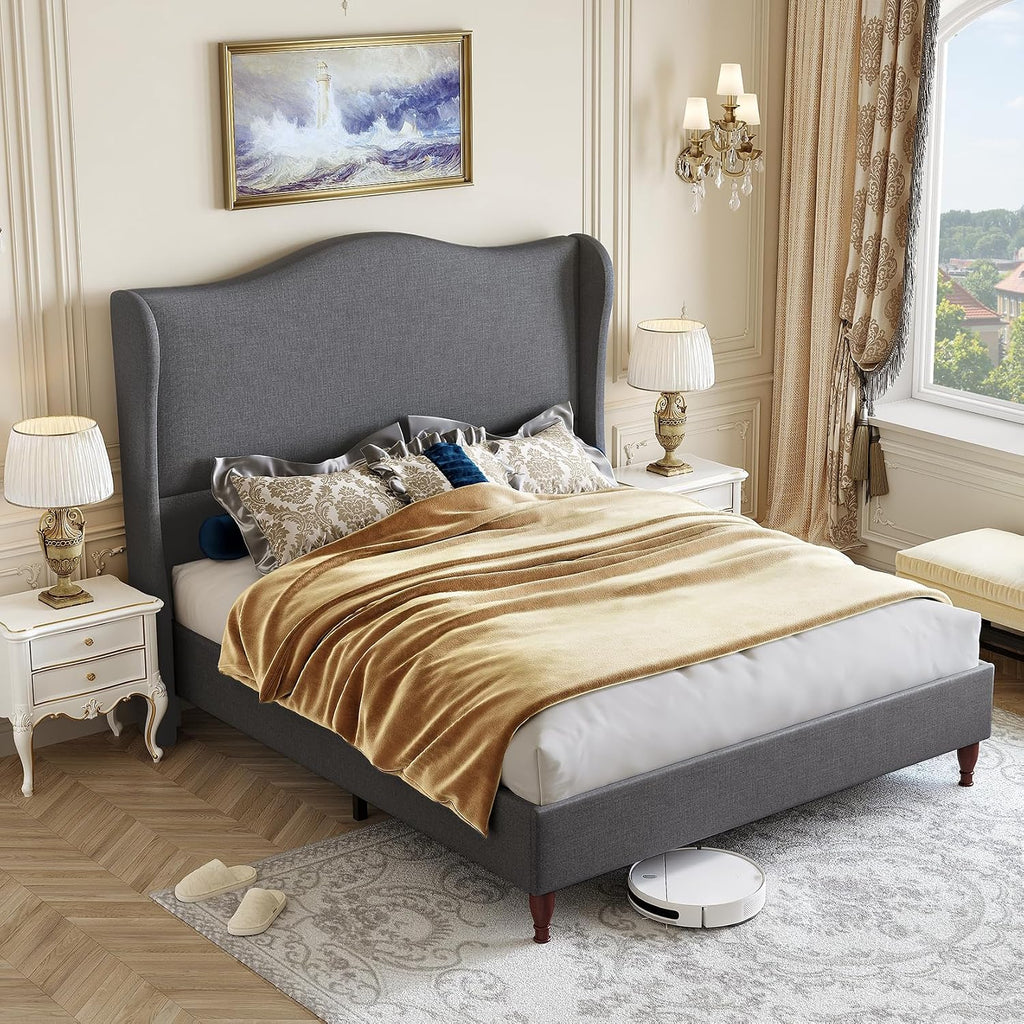 koorlian Full Size Bed Frame Upholstered Platform Bed with 51' Tall Headboard Wingback, Soft Fabric, Retro Simple Style Platform Bed No Box Spring Needed, Easy Assembly, Grey