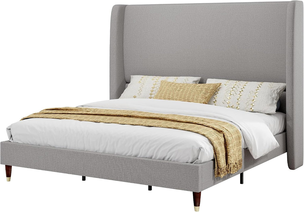 PaPaJet Full Size Bed Frame with 51.2' Wingback Headboard,Line Upholstered Platform Bed,Solid Wood Legs,No Box Spring Needed,Noise-Free&Easy Assembly,for Teen Girls, Dorm, Small Bedroom,Light Grey