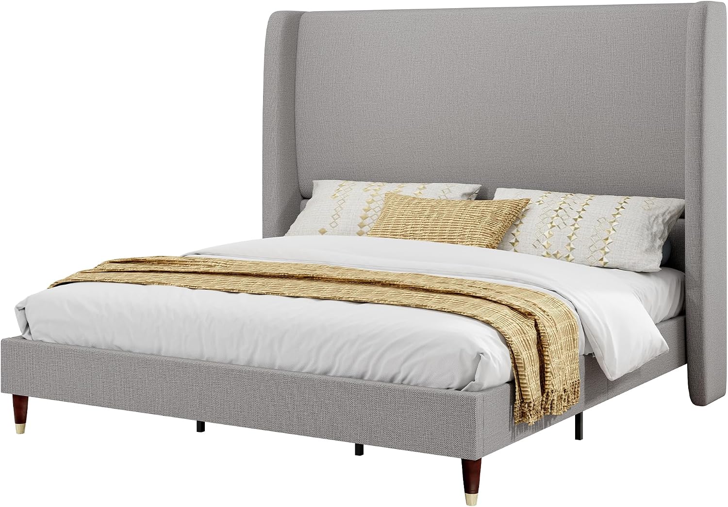 PaPaJet Full Size Bed Frame with 51.2' Wingback Headboard,Line Upholstered Platform Bed,Solid Wood Legs,No Box Spring Needed,Noise-Free&Easy Assembly,for Teen Girls, Dorm, Small Bedroom,Light Grey