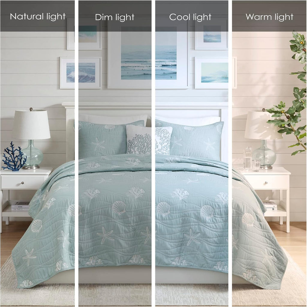 Harbor House Seaside Reversible Cotton Quilt Set Coastal Clam, Starfish, Coral Embroidery, All Season, Pre-Washed Coverlet Bedding Layer, Decorative Pillow, King/Cal King(108'x90') Seafoam 4 Piece