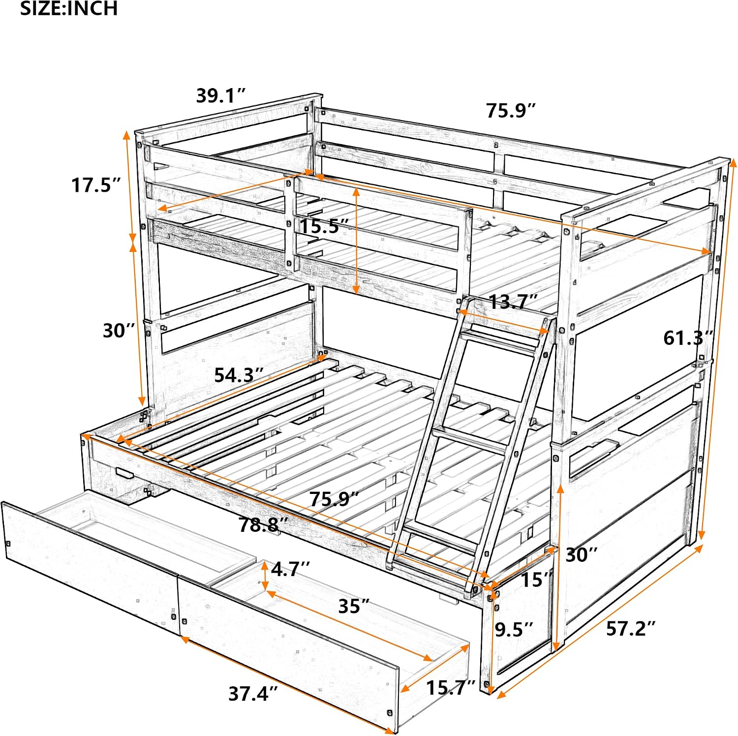 Merax Twin Over Full Bunk Bed, Wood Bunk Bed with Removable Ladders and Two Storage Drawers, Convertible into Two Individual Beds (Grey)