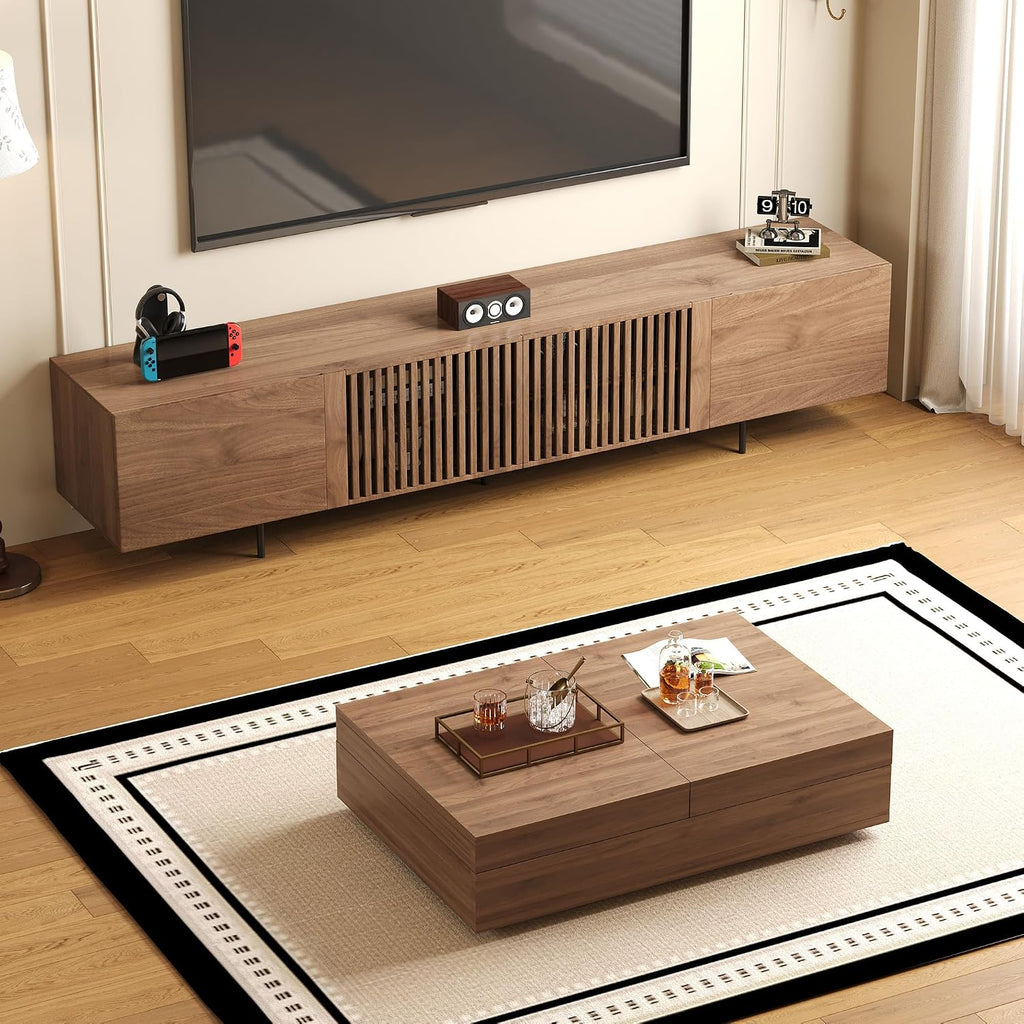 Mid-Century Modern TV Stand & Expandable Coffee Table Set, Walnut Finish, Stylish Storage Combo for Living Room or Bedroom (94.48'TV Stand+Coffee Table)