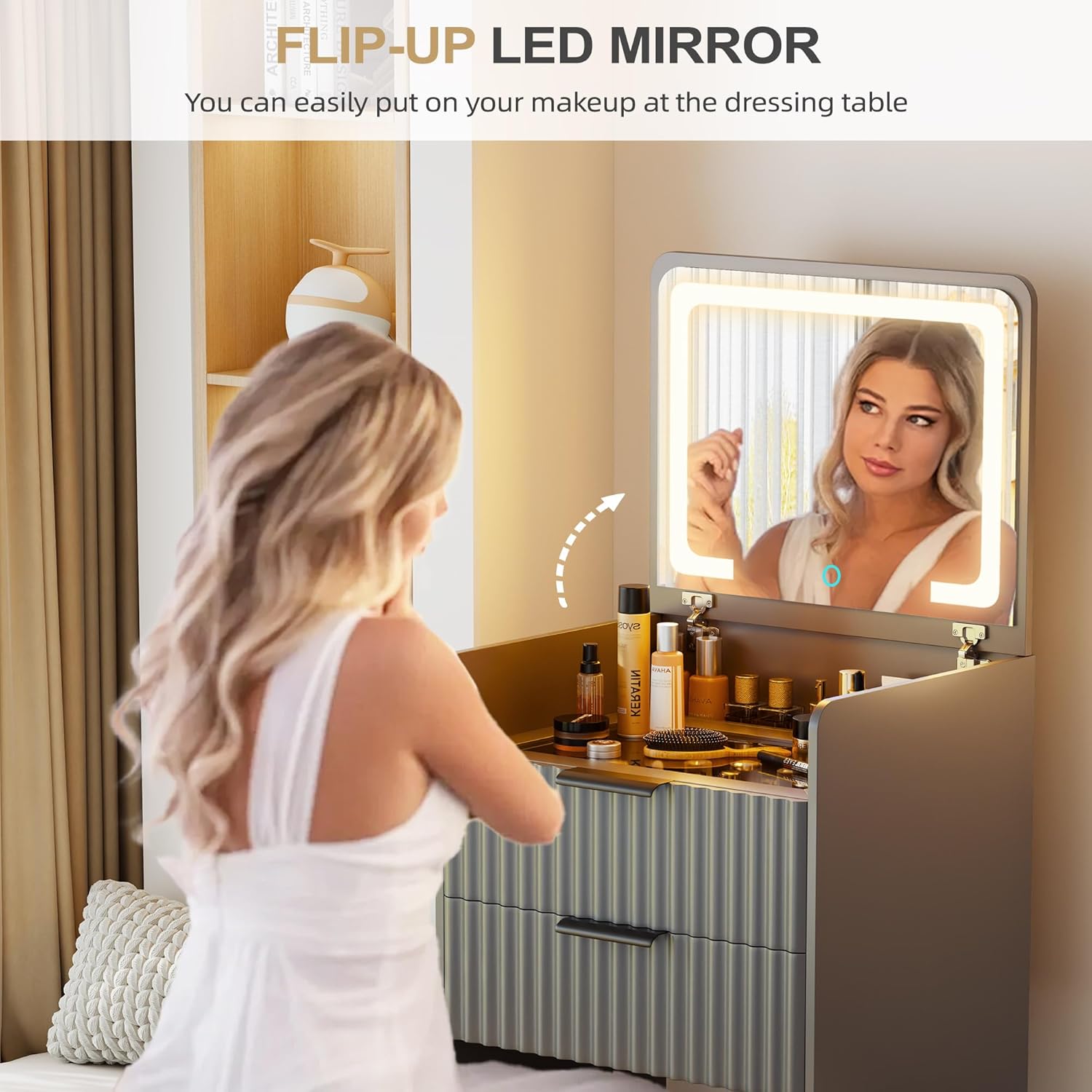 Lvifur 3 in 1 Small Vanity Desk with Plip Top Mirror,Makeup Vanity Set with Visible Glass Desktop,Compact Vanity with 3 Drawers,Storage Compartment and Padded Stool,Dressing Table for Bedroom,Grey