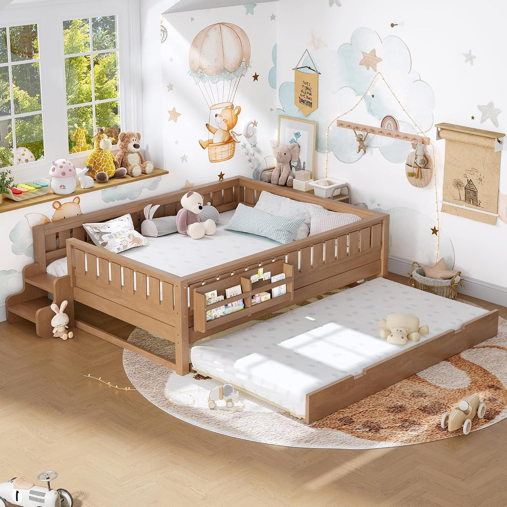 Bellemave Queen Bed with Trundle and Stairs, Queen Size Platform Bed Frame with Fence and Bookshelf, Easy Assemble Beds for Kids, Girls, Boys, Natural