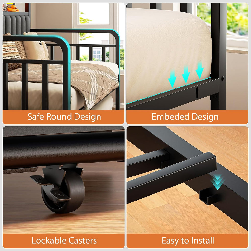 Daybed with Trundle and LED Light, Heavy Duty Metal Full Bed Frame with Upholstered Storage Headboard & Charging Station, Day Bed Pop Up Trundle Bed for Living Room,Bedroom and Guest Room, Brown