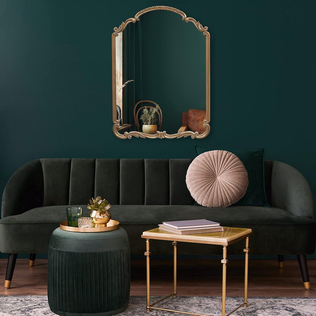 Wylde Iris English Estate Carved Arch Wood Wall Mirror, Mirror for Entryway, Living Room, Bathroom, Antique Gold, 22x30