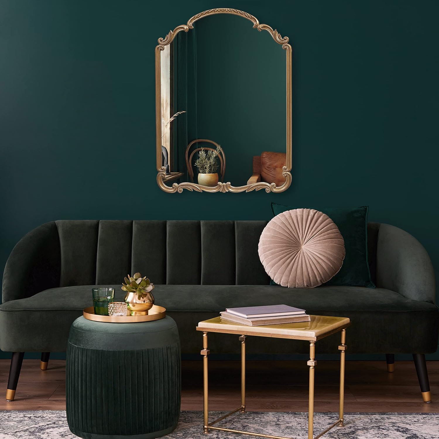 Wylde Iris English Estate Carved Arch Wood Wall Mirror, Mirror for Entryway, Living Room, Bathroom, Antique Gold, 22x30