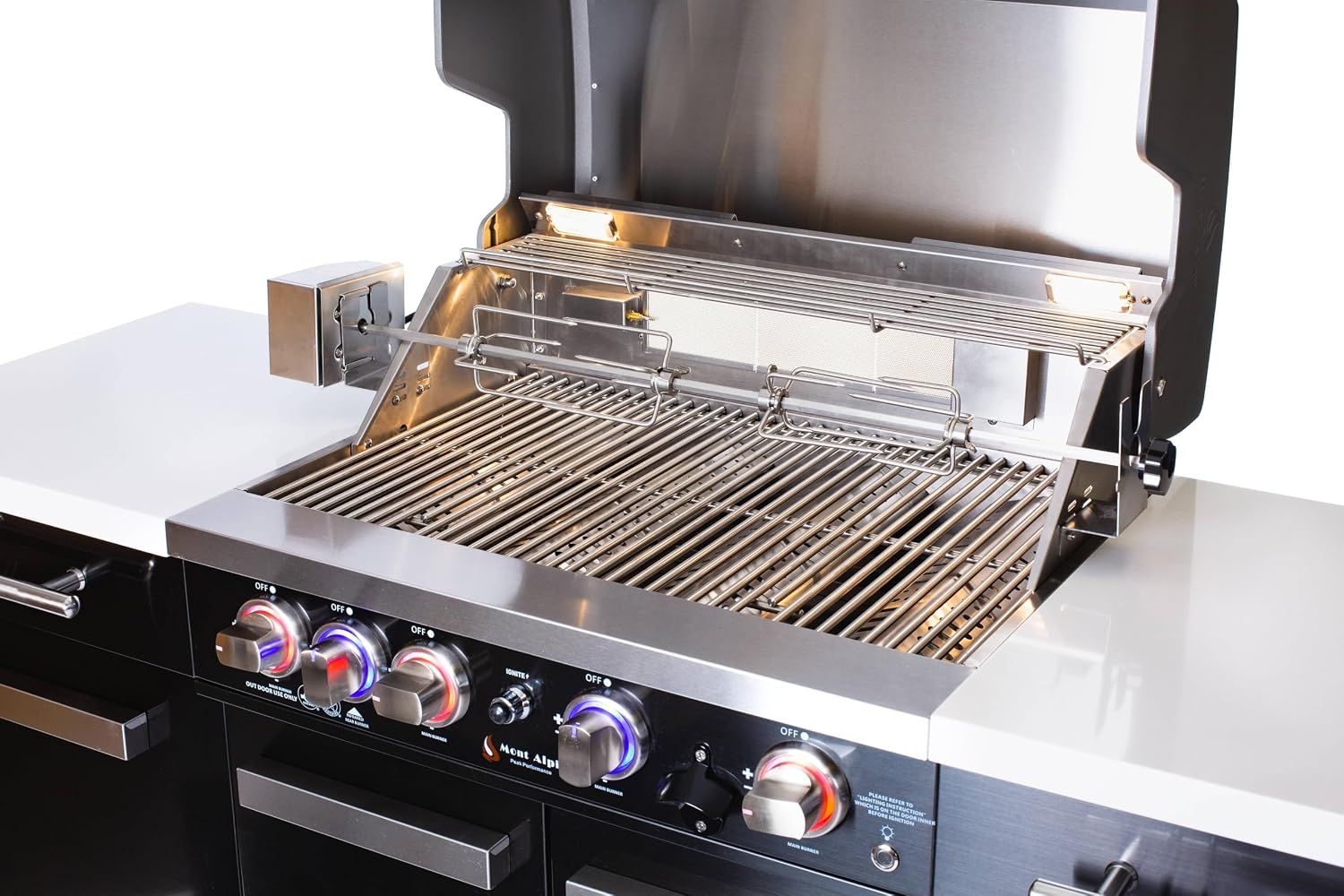 Mont Alpi Premium 70'W Black Stainless Steel Outdoor Kitchen Island with Refrigerator + 32'W 4-Burner BBQ Grill + Universal Flat Top Griddle + Pizza Peel + Cleaning Brush + Spatula + Cutter + Scraper