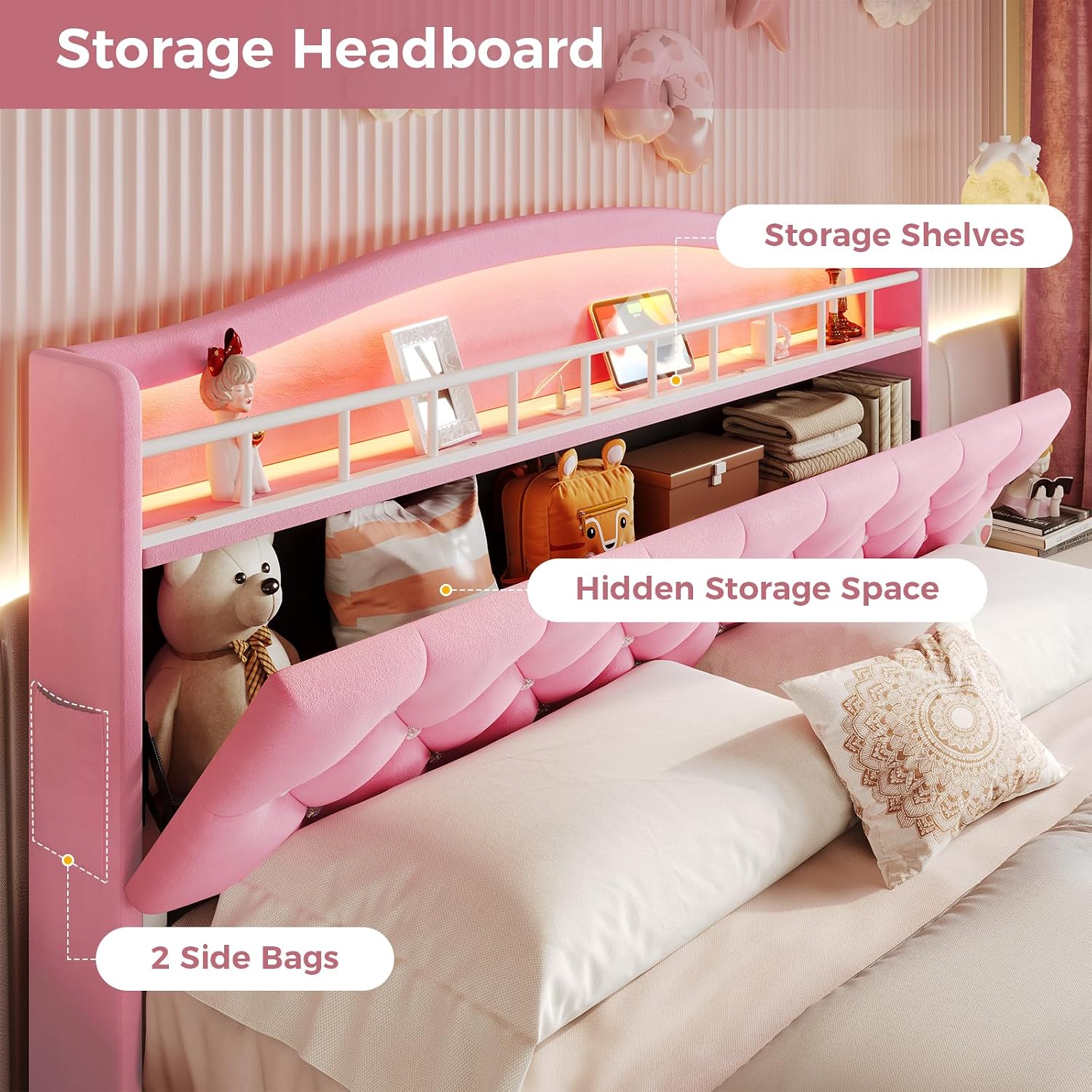 BTHFST Full Szie Girls Bed with LED Lights & Charging Station, Princess Full Size Bed Frame with Hidden Storage Headborad, Sturdy Platform Bed, No Box Spring Needed/Noise-Free/Easy Assembly, Pink