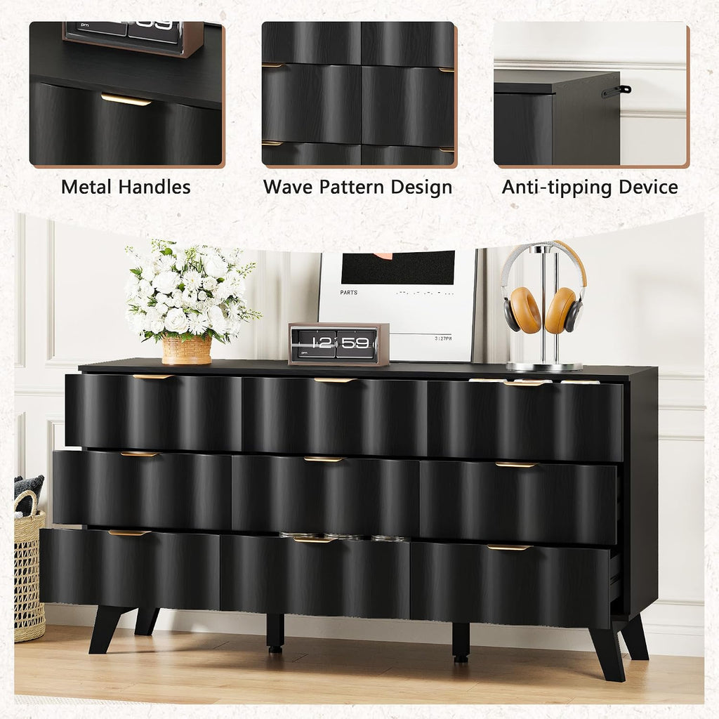 9 Drawer Dresser, Modern Fluted Storage Dresser with Deep Drawers and Metal Handles, Wood Chest of Drawers Storage Organizer for Bedroom, Living Room, Hallway (Black)