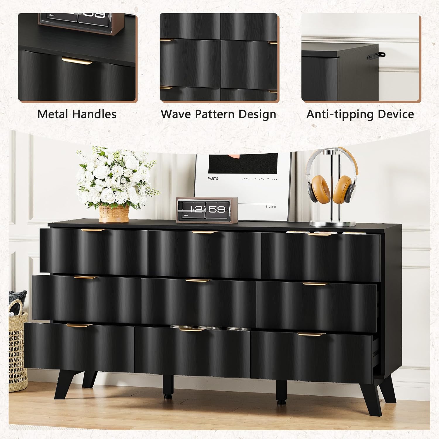 9 Drawer Dresser, Modern Fluted Storage Dresser with Deep Drawers and Metal Handles, Wood Chest of Drawers Storage Organizer for Bedroom, Living Room, Hallway (Black)