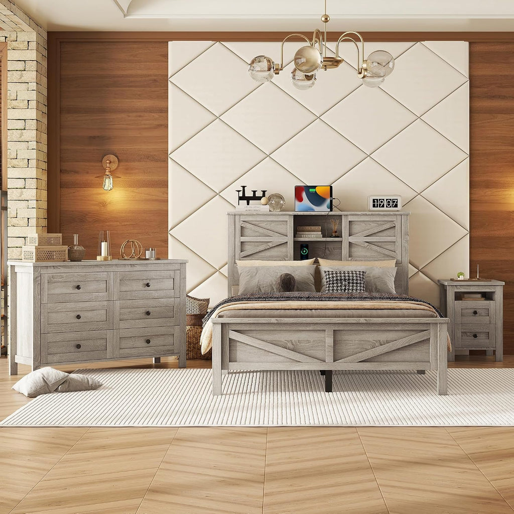 Ball & Cast 3-Piece Full Size Farmhouse Bedroom Set, Platform Bed with Sliding Door Storage Headboard & Charging Station, Nightstand and Dresser Set, Wood Bedroom Furniture Set, Antique Gray