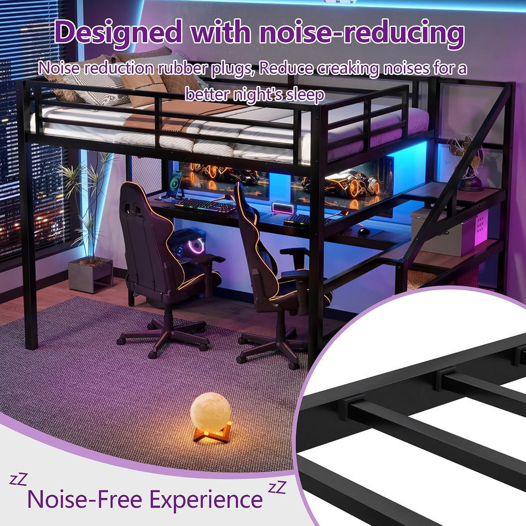 Bellemave Full Loft Bed with Desk & Storage Stairs, Metal Full Size Loft Bed Frame with Iron Nets, LED Lights & USB Ports, Heavy Duty Adult LoftBed for Bedroom, Noise-Free, Black
