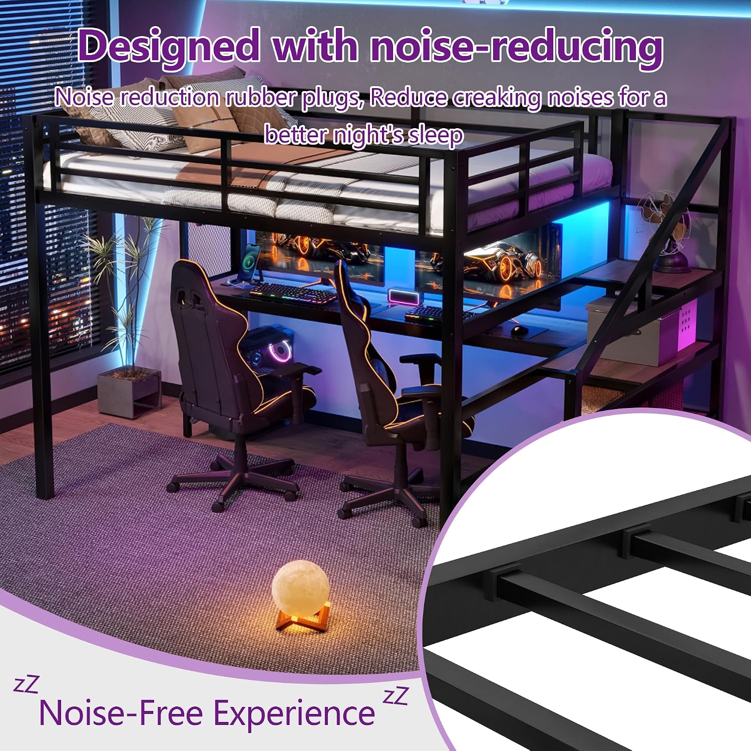 Bellemave Full Loft Bed with Desk & Storage Stairs, Metal Full Size Loft Bed Frame with Iron Nets, LED Lights & USB Ports, Heavy Duty Adult LoftBed for Bedroom, Noise-Free, Black