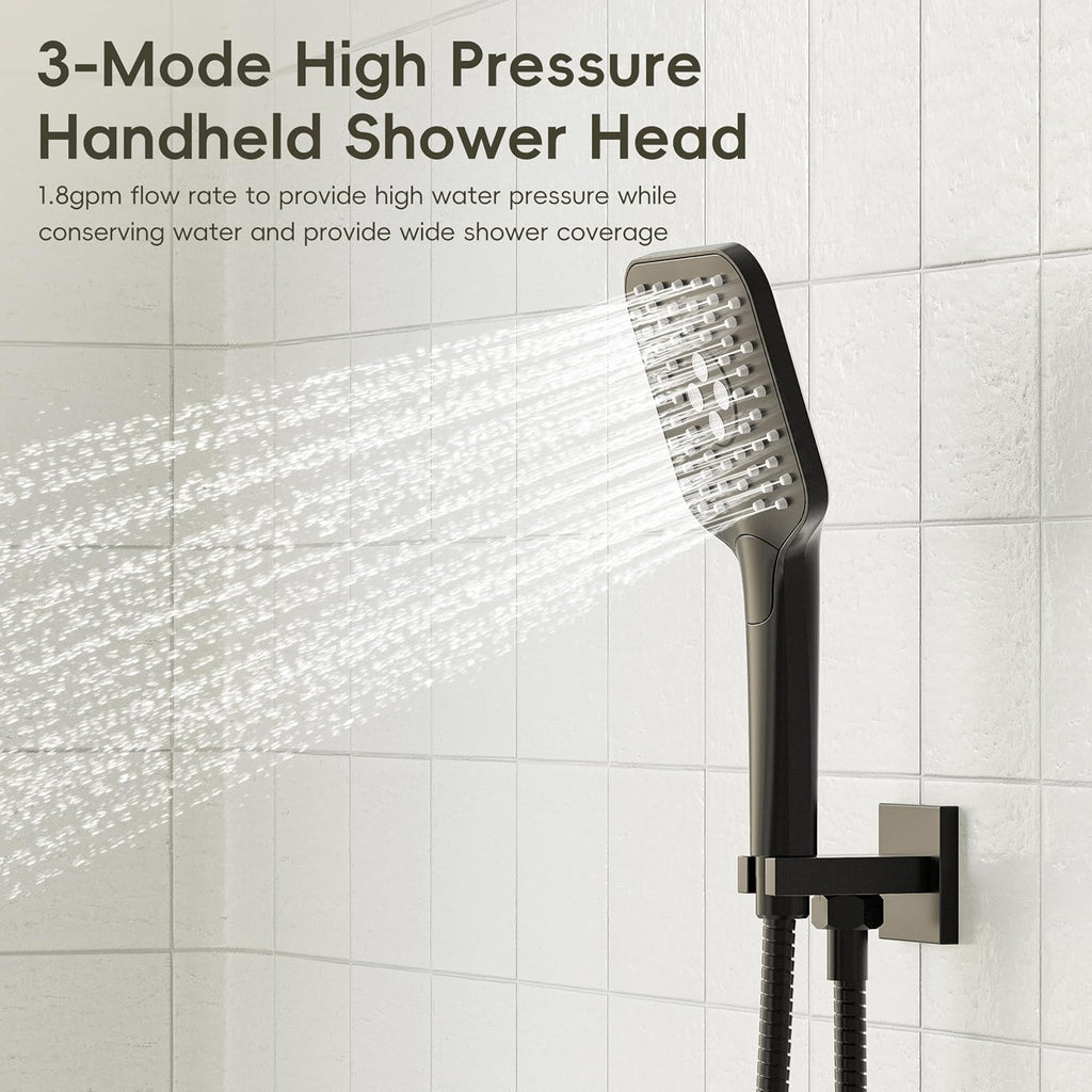 Gabrylly Shower System with Tub Spout, Wall Mounted Tub Shower Faucet Set for Bathroom with High Pressure 10' Rain Shower head and 3-Setting Handheld Shower Head Set,Matte Black