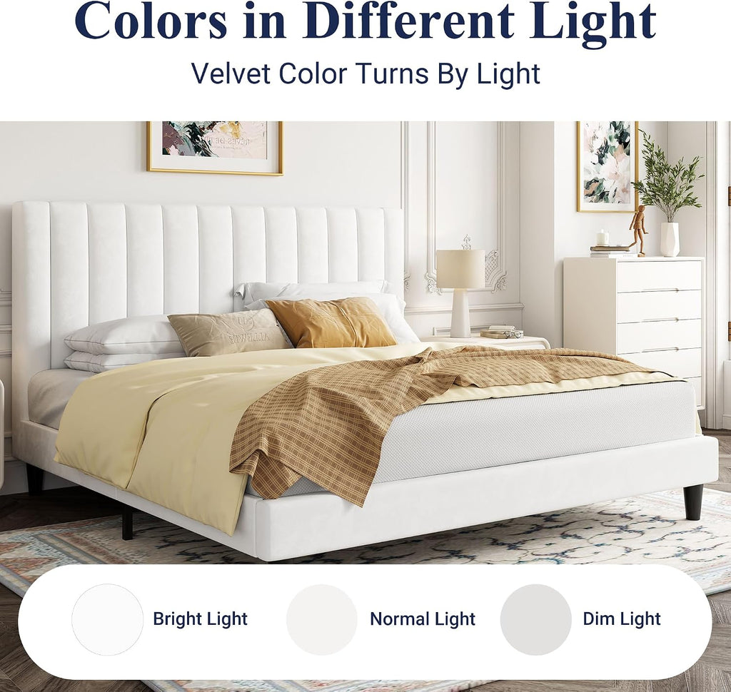 Allewie King Bed Frame/Velvet Upholstered Bed Frame with Vertical Channel Tufted Headboard/Strong Wooden Slats/Platform Bed Frame/Mattress Foundation/Box Spring Optional/Easy Assembly/White